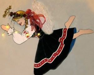 "Kari," Scandinavian 3-D Angel Canopy piece. Acrylic on Masonite. Mixed-Media, 96 x 48." Cally Curtis, Artist. Sold.