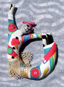 "Pretty Kitty." An original CallyWally Soft-Sculpture. Wall-Art. Mixed Media. Approx. 9x12." Cally Curtis, Artist. For Sale.