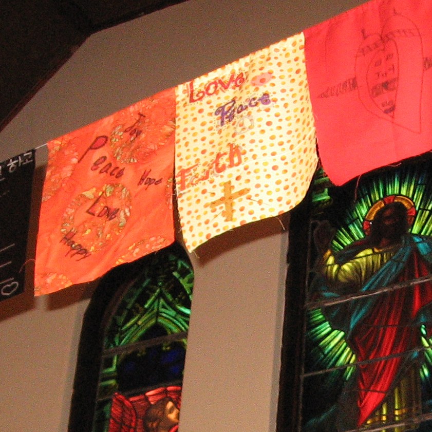 "Prayer Flag Installation," example from "Breath of God" Liturgical Art Workshop for groups and congregations. Cally Curtis, Artist & Facilitator.